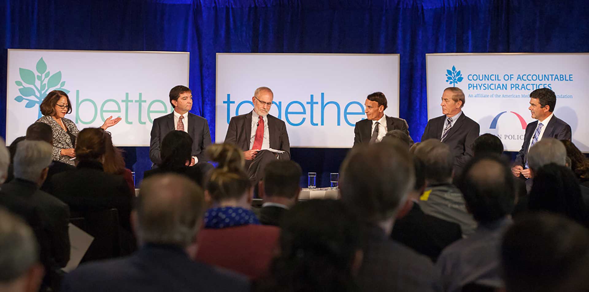 2015 event panel discussion with Janet Marchiboda, Steven Green, MD; Brian Rank, MD; Robert Pearl, MD; William Conway, MD, and David Goldhill