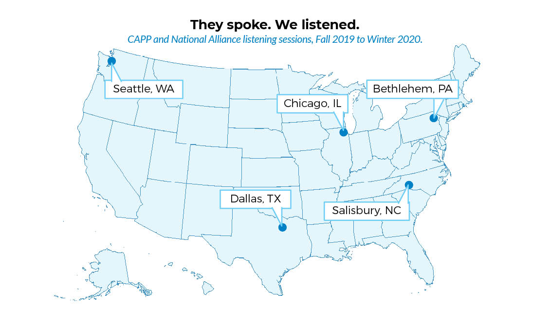 US map with Seattle, Dallas, Salisbury, NC, Chicago and Bethlehem, PA highlighted