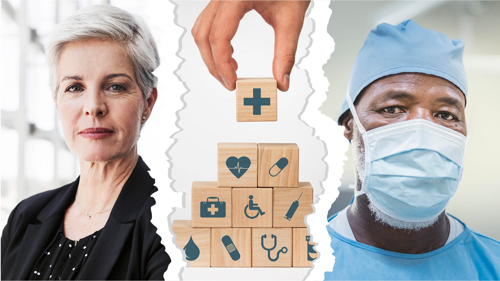 employer and physician torn apart by wooden blocks representing health care insurance